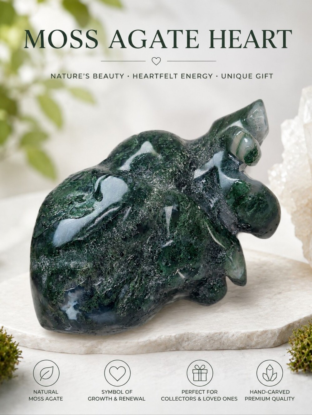 Large Moss Agate Heart Carving Crystal | Green Agate Gemstone Decor Cottagecore